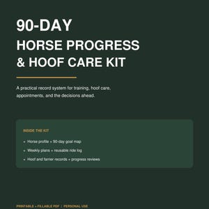 Può includere: Un documento digitale verde scuro intitolato 90-DAY HORSE PROGRESS & HOOF CARE KIT di K&J PERFORMANCE HORSES. Elenca contenuti tra cui profilo del cavallo, mappa degli obiettivi, piani settimanali, registro di guida e record di cura degli zoccoli.