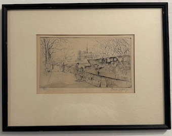 Paul Jeffay Etching Paris Bouquinistes Seine Notre Dame Signed Numbered 97/100 Framed
