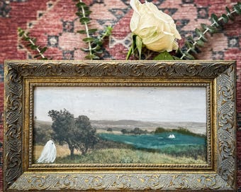 Framed Ghost Landscape Art, Hand-Embellished Printed Canvas, Whimsical Halloween Décor