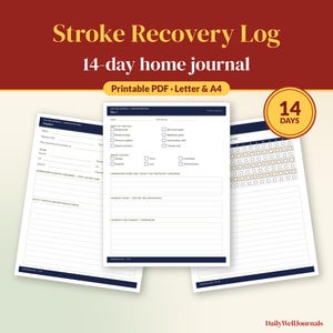 Könnte beinhalten: Ein 14-Tage-Journal zur Schlaganfall-Genesung als druckbares PDF in Letter- und A4-Größe. Das Dokument enthält Abschnitte für tägliche Momentaufnahmen, Kontakte des Therapieteams, Hausaufgaben, Sicherheitsnotizen und eine 14-Tage-Fortschrittsliste.