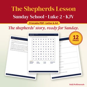 Könnte beinhalten: Eine druckbare PDF-Sonntagsschullektion mit dem Titel The Shepherds Lesson Luke 2 KJV, die 12 Aktivitätsseiten enthält, darunter ein Wortsuchrätsel mit Begriffen wie Shepherd, Bethlehem und Manger sowie Erzähltexte und Schreibaufgaben.