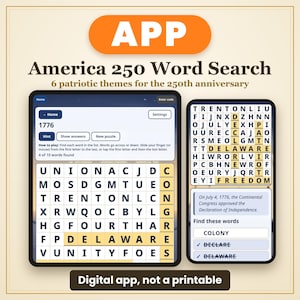 May include: A digital word search app titled America 250 Word Search with 6 patriotic themes. The screen displays a grid of letters with highlighted words like DELAWARE and FREEDOM, alongside instructions and a list of words to find.