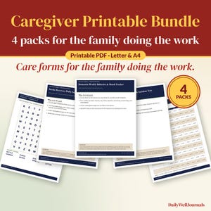 Può includere: Un set di documenti stampabili per caregiver composto da quattro pacchetti. Il kit include un tracker settimanale del comportamento e dell'umore per la demenza, un registro giornaliero di recupero dall'ictus e pagine di crucipuzzle.
