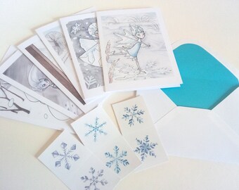 Winter Weather Greeting Cards (set of 6) - Fantasy Illustration - Traditional Watercolour