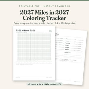 Könnte beinhalten: Ein druckbarer 2027 Miles in 2027 Ausmal-Tracker als PDF mit einem Raster zur Meilenverfolgung, Monatsbeschriftungen und einer separaten Protokollseite zur monatlichen Fortschrittsaufzeichnung, erhältlich in Letter, A4 und 18x24 Zoll Posterformat.