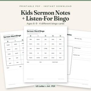 Notes de sermon pour enfants et activité de bingo, 6-9 ans, apprentissage à l'église (téléchargement PDF)