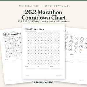 May include: A printable 26.2 Marathon Countdown Chart PDF featuring 100, 112, and 140-day countdowns and mile markers. The document includes numbered circles for tracking progress, with sections for race day, goal, and start date in A4 paper size.