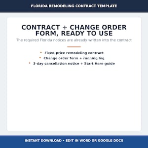 Florida Remodeling Contract Template + Change Order Form | Residential Contractor Kit (Editable Word PDF)