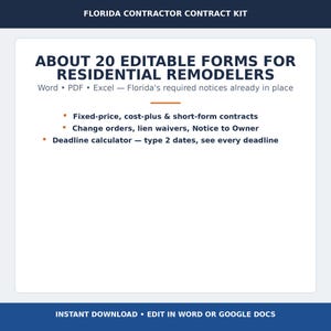 Florida Remodeler Contract Kit | Editable Forms, Change Orders, Lien Waivers (Word, PDF, Excel)