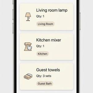 May include: A smartphone displaying the KEEPER app interface with a list of household items including a living room lamp, kitchen mixer, and guest towels. The screen features a search bar, navigation icons for Home, Search, Add, Lists, and Profile.