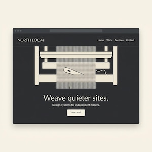 Könnte beinhalten: Eine Website-Oberfläche für North Loom mit dunkelgrauem Hintergrund und cremefarbenen Grafiken. Die Kopfzeile zeigt den Text North Loom, Home, Work, Services und Contact. Eine zentrale Illustration zeigt einen Webstuhl mit einem Schiffchen, gefolgt vom Text Weave quieter sites. Design systems for independent makers und einem View work-Button.