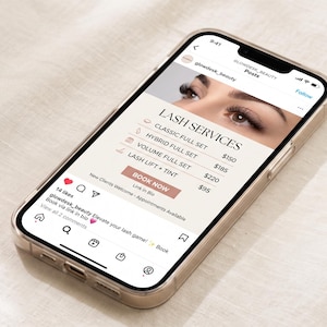 May include: A smartphone displaying an Instagram post from GLOWDESK_BEAUTY. The post features a close-up of eyes with long lashes and a menu titled LASH SERVICES, listing Classic, Hybrid, and Volume full sets, plus a Lash Lift + Tint with prices.