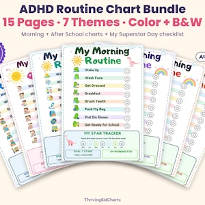 May include: An ADHD routine chart bundle featuring 15 pages across 7 themes in color and black and white. The charts include morning and after-school routines, a My Superstar Day checklist, and a star tracker with task lists and star icons.