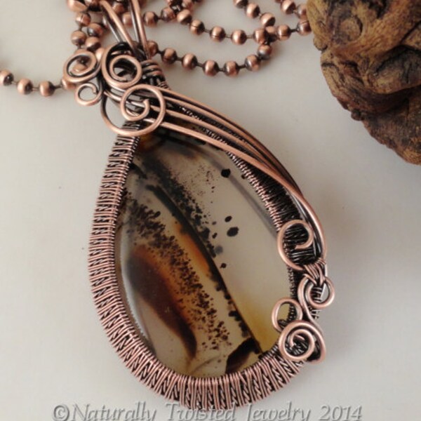 Wire Weaved Pendant Montana Agate Necklace in Antiqued Natural Copper Naturally Twisted Jewelry
