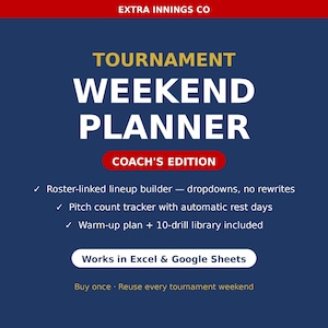 Könnte beinhalten: Ein digitaler Turnier-Wochenendplaner für Trainer von Extra Innings Co. Die blaue Grafik enthält weißen und goldenen Text, darunter einen kaderbasierten Aufstellungsplaner, einen Pitch-Count-Tracker und eine Übungsbibliothek für Excel und Google Sheets.