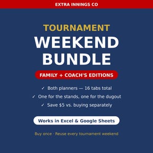 Può includere: Un pianificatore digitale per il fine settimana di tornei per Excel e Google Sheets di Extra Innings Co. La grafica presenta uno sfondo blu scuro con testo bianco e oro, incluse le edizioni per famiglia e allenatore con 16 schede.