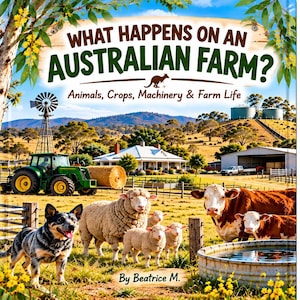 May include: A book cover titled What Happens on an Australian Farm? Animals, Crops, Machinery & Farm Life by Beatrice M. The illustration shows a green tractor, a sheepdog, sheep, cows, a farmhouse, and a windmill in a rural landscape.