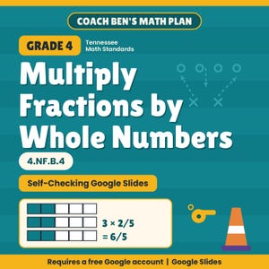 Puede incluir: Un gráfico educativo de color verde azulado titulado Coach Ben's Math Plan Grade 4 Tennessee Math Standards Multiply Fractions by Whole Numbers 4.NF.B.4 Self-Checking Google Slides. Incluye un diagrama de fracciones, un silbato y un cono.