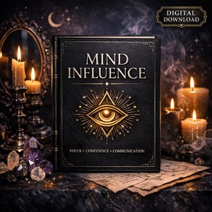 Op de afbeelding: Een zwart hardcover boek getiteld MIND INFLUENCE met een gouden oogafbeelding en de woorden FOCUS, CONFIDENCE, COMMUNICATION op de voorkant. Het boek is omringd door brandende kaarsen, kristallen en perkamentpapier in een donkere setting.