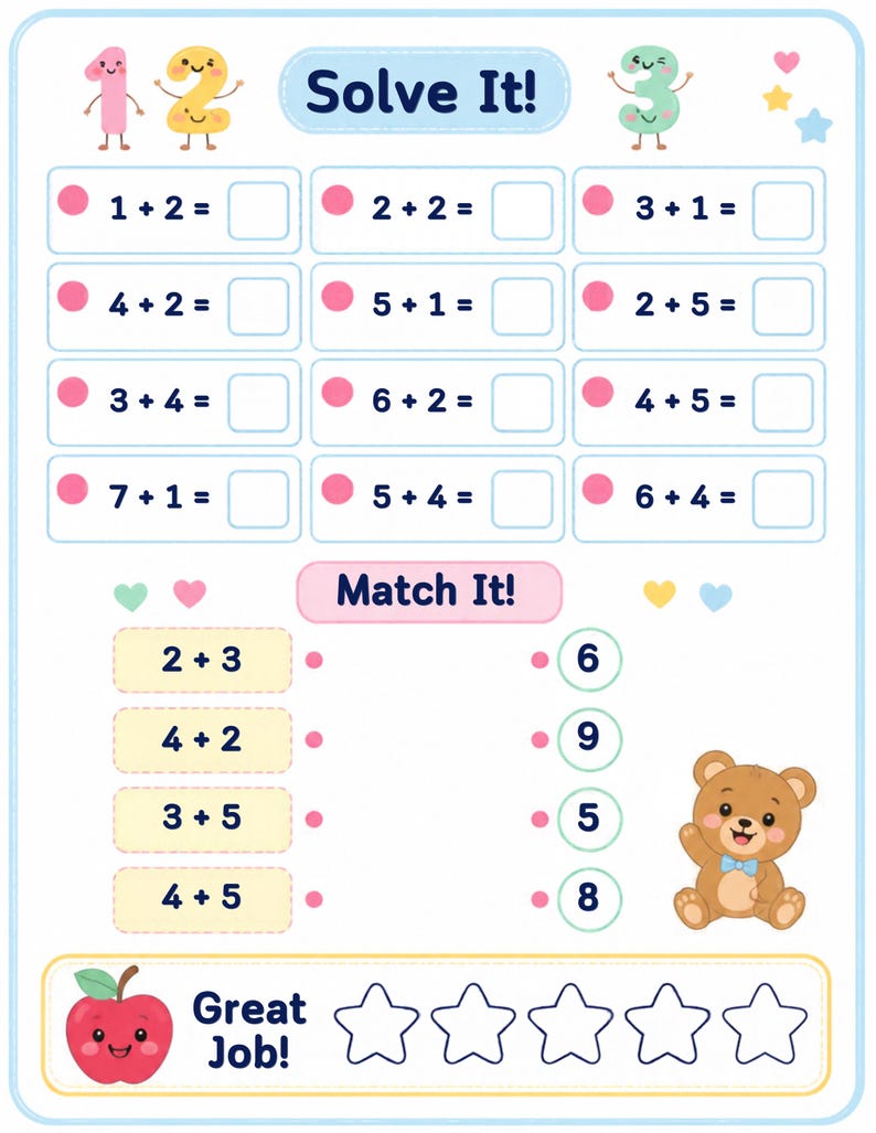 Printable Addition Worksheets for Kids, Math Activities for Preschool ...