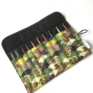 Crochet hook roll, organiser, case, holder, storage in Japanese metallic fabric - handmade in Cornwall