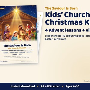 Weihnachtslektionspaket für Kindergottesdienst – 4 Advents-Sonntagsschullektionen, Videos zum Vorlesen der Weihnachtsgeschichte, Ausmalbilder, druckbare PDF-Datei Bild 1
