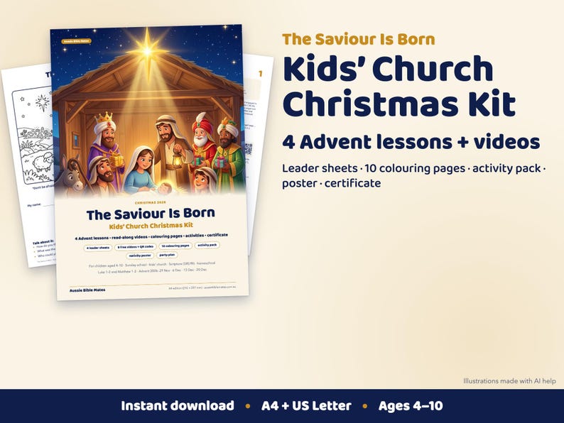 Weihnachtslektionspaket für Kindergottesdienst – 4 Advents-Sonntagsschullektionen, Videos zum Vorlesen der Weihnachtsgeschichte, Ausmalbilder, druckbare PDF-Datei Bild 1
