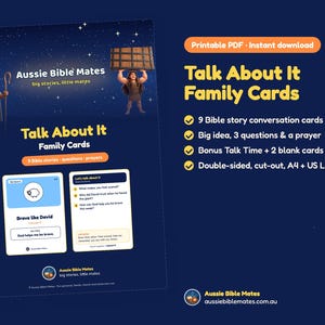Puede incluir: Un conjunto de tarjetas familiares Aussie Bible Mates Talk About It con 9 tarjetas de conversación de doble cara que incluyen historias bíblicas, preguntas y oraciones. El PDF imprimible incluye formatos A4 y US Letter con ilustraciones.