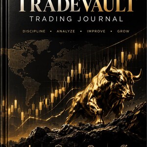 Op de afbeelding: Een zwart trading journal met harde kaft, getiteld TRADEVAULT TRADING JOURNAL met een gouden kroonicoon. De kaft toont een gouden stier op rotsachtig terrein, een wereldkaart en candlestick-grafieken. De tekst bevat DISCIPLINE, ANALYZE, IMPROVE, GROW, PLAN YOUR TRADES, TRACK YOUR PROGRESS, MASTER YOUR MINDSET en ACHIEVE YOUR GOALS.
