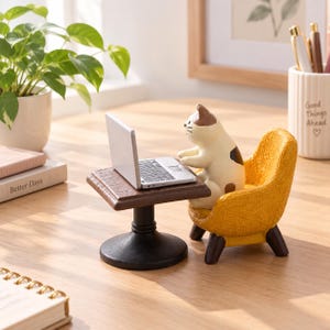 May include: A miniature figurine of a calico cat sitting in a textured yellow armchair at a small brown table with a silver laptop. The cat has brown and white patches, and the laptop is open. The table has a dark brown pedestal base.
