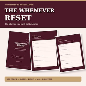 Könnte beinhalten: Ein undatierter 12-Wochen-Planer mit dem Titel The Whenever Reset, der 106 Seiten in den Formaten A4 und US Letter umfasst. Der Planer hat dunkelweinrote Seiten mit hellcremefarbenem Text und Abschnitte für Tagesziele, Aufgaben und Reflexionen.