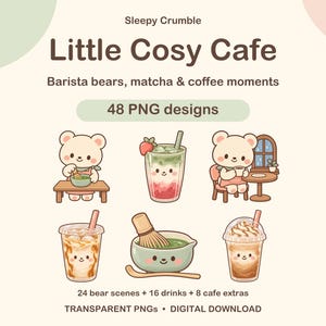 Paquete de imágenes prediseñadas de cafetería: 48 imágenes PNG de osos kawaii, café y matcha