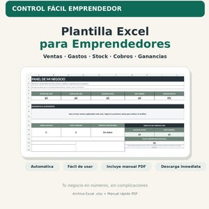 Könnte beinhalten: Eine Excel-Tabellenvorlage für die Unternehmensverwaltung mit dem Titel CONTROL FÁCIL EMPRENDEDOR. Die Benutzeroberfläche zeigt Bereiche für Verkäufe, Ausgaben, Lagerbestände, Forderungen und Gewinne sowie ein Dashboard namens PANEL DE MI NEGOCIO.