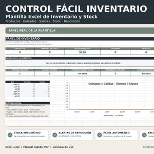 May include: An Excel inventory management template titled CONTROL FÁCIL INVENTARIO. The dashboard features sections for product stock, automatic diagnostics, and a six-month chart for entries and exits. Includes labels for stock alerts, automated panels, and ease of use.