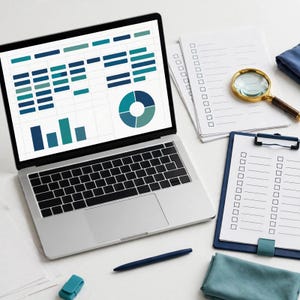 May include: A silver laptop displaying a data dashboard with blue and teal bar charts and a pie chart. Beside it are a stack of papers with checkboxes, a gold-rimmed magnifying glass, a blue clipboard with a checklist, a blue pen, and a teal cloth.