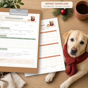 Könnte beinhalten: Ein druckbares Urlaubs-Buchungsformular auf einem Klemmbrett und ein Kalenderblatt, beide mit einer Grafik eines gelben Labrador Retrievers. Das Formular enthält Abschnitte für Urlaubsdaten, Zeitpläne für Haustiere und bürointerne Nutzung.