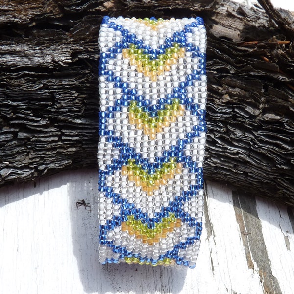 Graphic design Beaded peyote stitch bracelet Toho seed beads crystal lined white blue green apple peach gold plated tube clasp