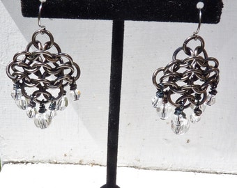 Gunmetal chainmaille chandelier earrings with clear Swarovski round crystals