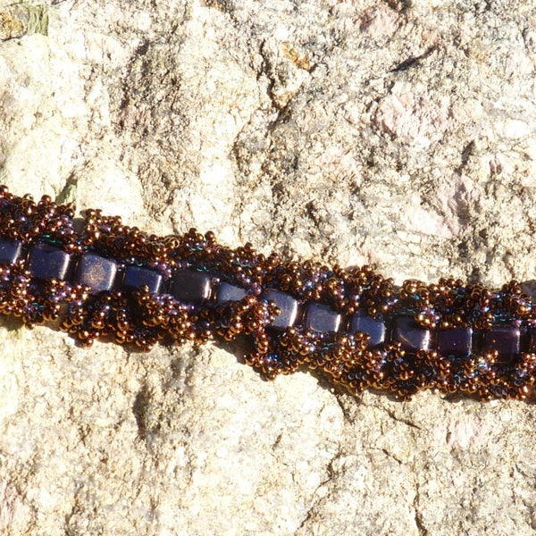 Iced ruffle bracelet navy moon dust Czech tiles dark purple lined aqua and dark copper crystal Japanese seed beads