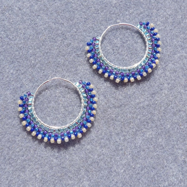 Beaded fan earrings on sterling silver hoops aqua blue ivory seed beads