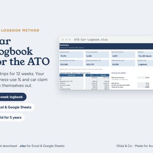 Puede incluir: Una plantilla de hoja de cálculo digital titulada ATO-Car-Logbook.xlsx para el seguimiento de gastos de vehículos. La interfaz muestra una tabla resumen con porcentajes de uso comercial, montos de reclamación y categorías de gastos. El texto incluye ATO Logbook Method, 12-week logbook, Excel & Google Sheets y Valid for 5 years.