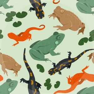 May include: A repeating pattern on a light green background featuring various amphibians and reptiles. The design includes brown toads, bright orange newts, and black salamanders with yellow spots, interspersed with small dark green lily pads.