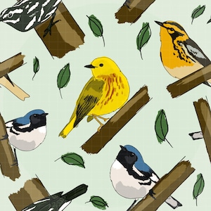 May include: A repeating pattern featuring various birds perched on brown branches against a light green grid background. The illustration includes yellow, blue, black, and white birds interspersed with small green leaves throughout the design.