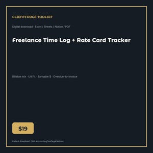 Puede incluir: Una plantilla digital azul marino titulada Clientforge Toolkit Freelance Time Log + Rate Card Tracker. Enumera formatos como Excel, Sheets, Notion y PDF, con funciones como Billable mix, Util %, Earnable $ y Overdue-to-invoice.
