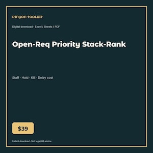 Puede incluir: Una plantilla de descarga digital en color verde azulado oscuro titulada Pinyon Toolkit Open-Req Priority Stack-Rank. El documento incluye secciones para Staff, Hold, Kill y Delay cost, compatible con formatos Excel, Sheets y PDF.