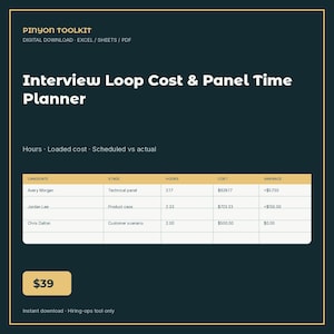 Peut inclure: Un tableur numérique Pinyon Toolkit intitulé Interview Loop Cost & Panel Time Planner. Il présente un tableau suivant les noms des candidats, les étapes d'entretien, les heures, les coûts et les écarts sur un fond sombre avec des accents dorés.