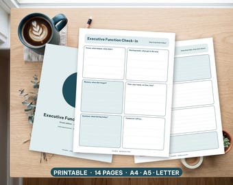 May include: A set of printable Executive Function Check-in sheets featuring light blue and white pages with structured boxes for tracking focus, tasks, memory, time, and emotions. The text includes headers like Executive Function Check-in.