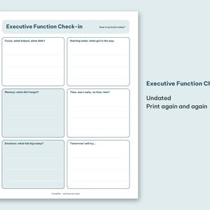 Close up view of the executive function check in and task breakdown worksheet pages.