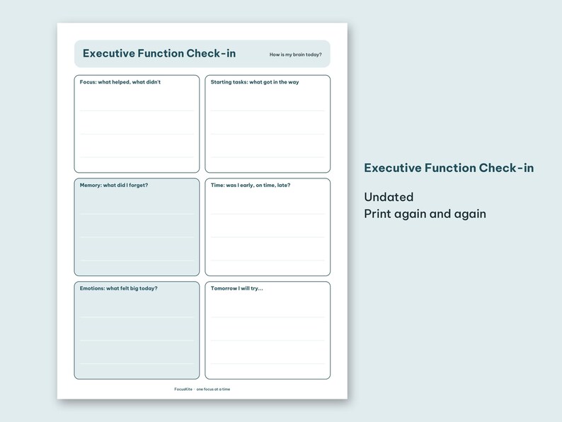 Close up view of the executive function check in and task breakdown worksheet pages.
