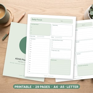 Agenda stampabile per ADHD, 29 pagine con menu della dopamina, brain dump, formato A4, A5, Letter